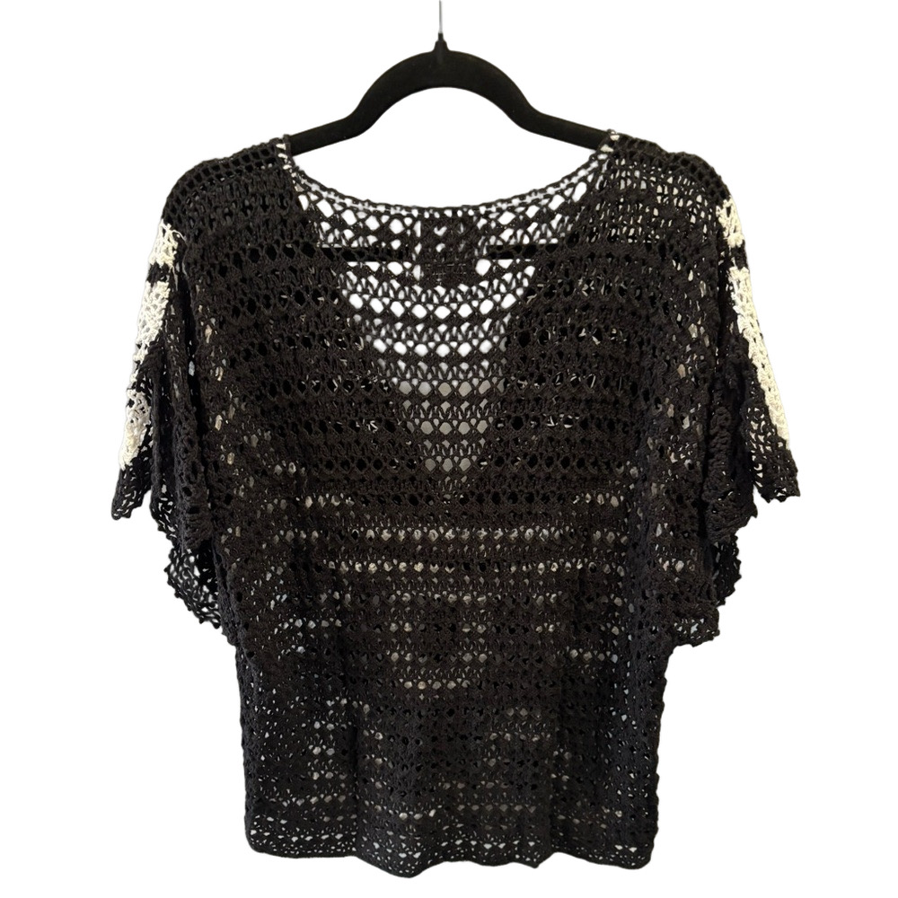 STORYBOOK KNITS Vintage M Beaded Crochet Sweater Sculpted Cap Sleeve Deep V-Neck - Picture 2 of 10